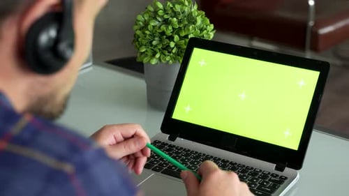 Closeup Freelancer Male Hands Using Green Screen Chroma Key Laptop Typing Working Light Office