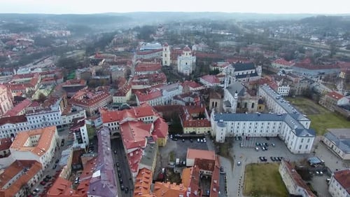 Flying over the old town of Vilnius, Lithuania