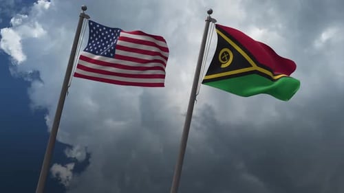 USA and Vanuatu Flags Waving in Cloudy Sky