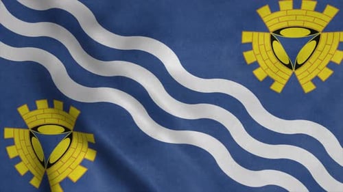 Flag Waving Animation with Blue, White Waves, and Gold Symbols