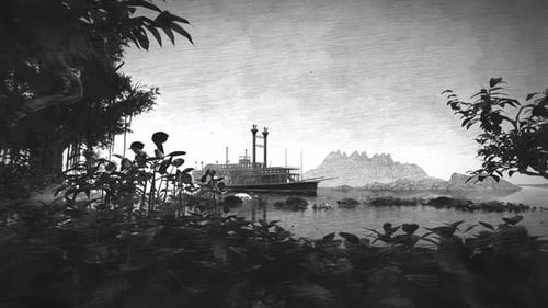 The old ship floats on the river among the jungle