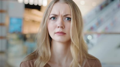 Caucasian Girl Woman Serious Listening Answer No Wave Head Negative Opinion Attitude Lady Crossing