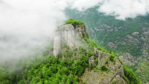 Flying Through Clouds Above Mountain Forest Morning Mist Aerial View Wonderful Inspiring Natural