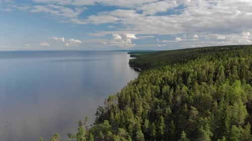 Aerial View of Lake Onega in Karelia on a Sunny Summer Day. Delightful Landscape of Coastal Dense