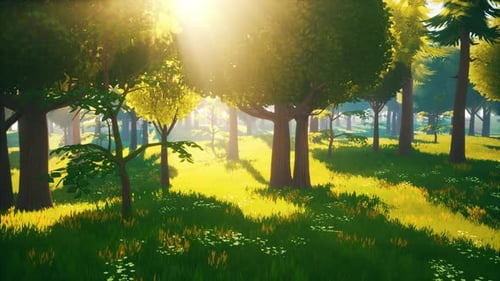 Cartoon Green Forest Landscape with Trees and Flowers