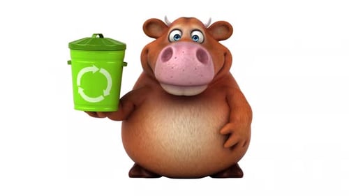 3D Animated Cartoon Cow Holding Recycling Bin
