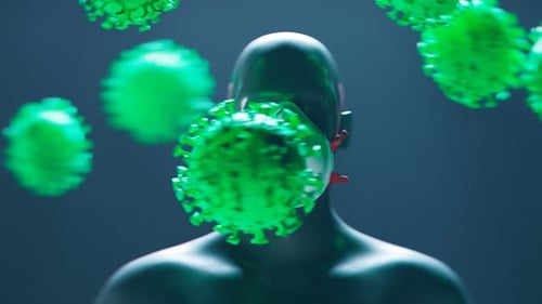 Tragen einer Maske zum Schutz vor angreifenden Viren. Konzept des COVID-Schutzes.