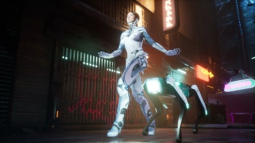 Female Cyborg and Robot Dog in Futuristic Neon City