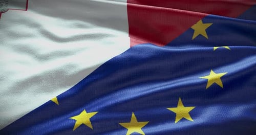 Malta and European Union Flags Waving Realistically