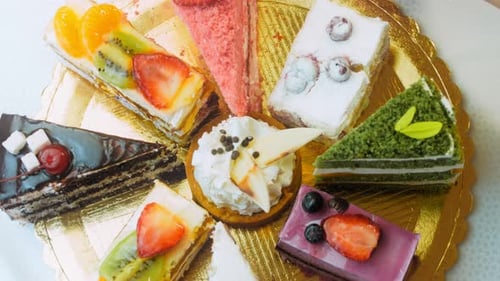 Verschiedene Tortenstücke auf einer Goldplatte