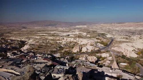 Landscape of Ancient Cave Town Uchisar in Turkey Located in Amazing Valley with Volcanic Formations