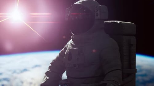 Space Man Astronaut in Space on a Background of the Blue Planet Earth