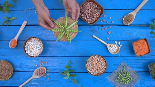 Various Legumes in Bowls and Spoons Overhead