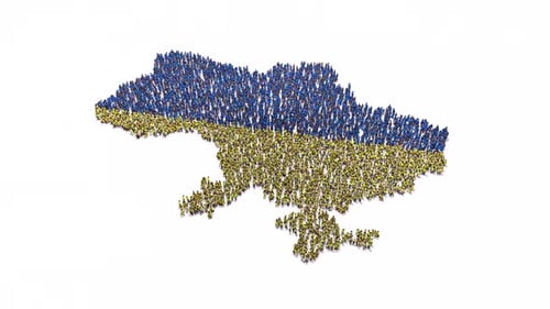 Animated Crowd Forms Ukraine Map and Flag