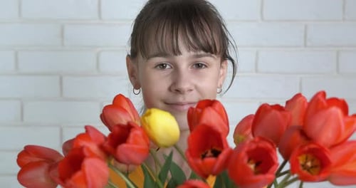 Girl Smiles at Bouquet of Red and Yellow Tulips