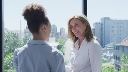 Two Women Having a Conversation in Office