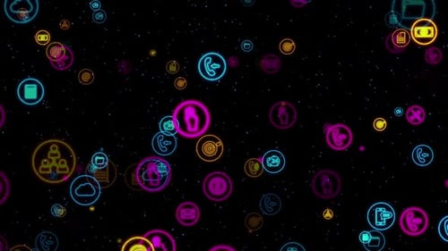Floating Neon Technology Business Icons Loop Background
