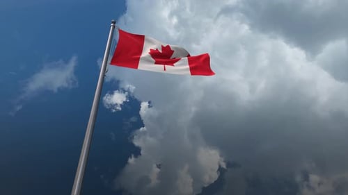 Realistic Waving Canadian Flag Animation Against Cloudy Sky