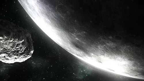 Nahaufnahmeanimation eines Meteoroiden, der den Planeten im unendlichen Weltraum umkreist.
HD