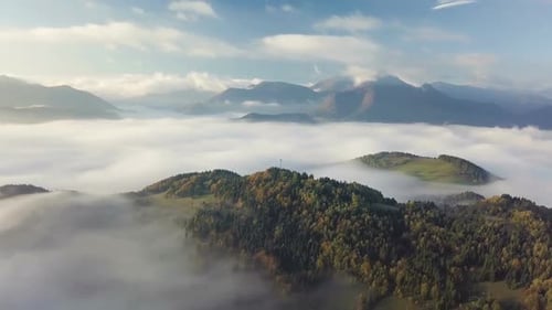 Morning Flight Above Foggy Clouds Forest Landscape in Autumn Nature Landscape