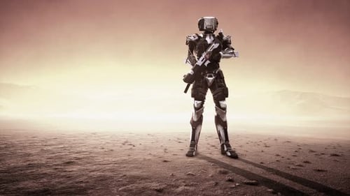 Futuristic Soldier in Desert at Sandstorm
