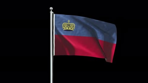 Realistic Waving Liechtenstein Flag on Flagpole with Alpha Channel