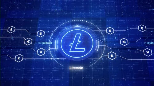 Litecoin crypto animated logo. Altcoin LTC in digital environment. Cryptocurrency of future