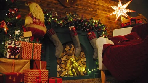 Cozy Christmas Scene with Fireplace and Gifts