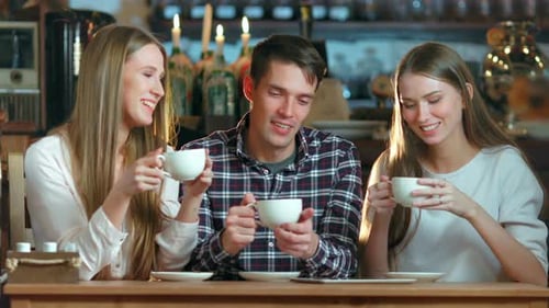 Group of Friends Drinking Coffee and Talking In Cafe