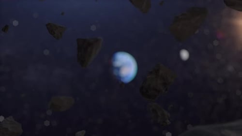 Cinematic Space Journey Through Asteroid Field with Distant Planet