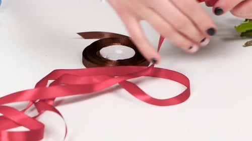 Holiday Decorations. Hand Pick Up Pink Ribbon From Table. White. Close Up