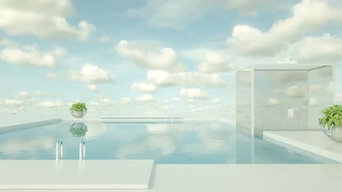 Fantástica piscina blanca y azul con aguas cristalinas y cielo azul