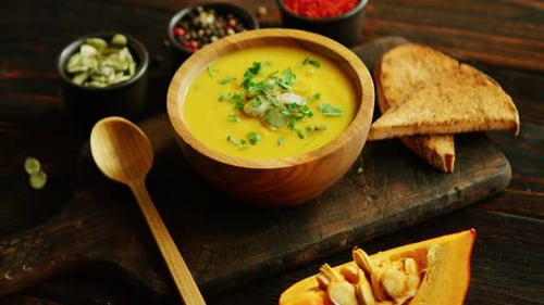Overhead View of Homemade Pumpkin Soup with Toast