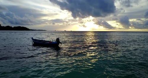 Wide overhead copy space shot of a white sand paradise beach and aqua blue ocean background in high