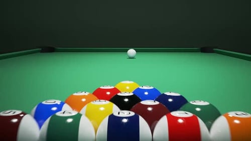 Breaking the rack in the pool. A strong, professional shot of cue ball.