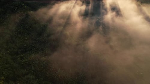 4K Aerial view of Mountains landscape with morning fog.