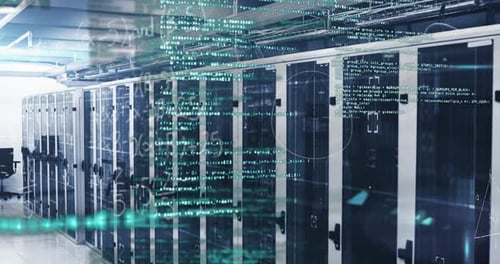 Mathematical equations and data processing against empty server room