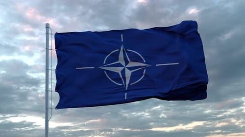 Waving NATO Flag Against Cloudy Sky Loop