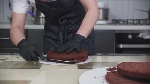 Chef Cuts Chocolate Cake Layer in Kitchen