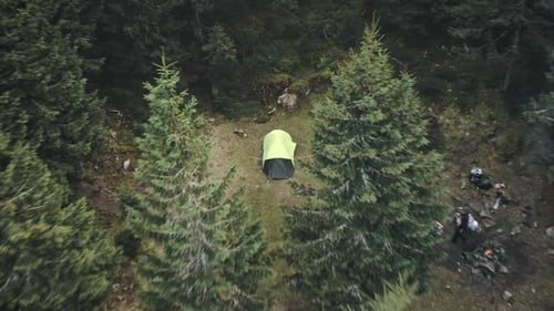 Tent Pavilion at Pine Forest Closeup Aerial