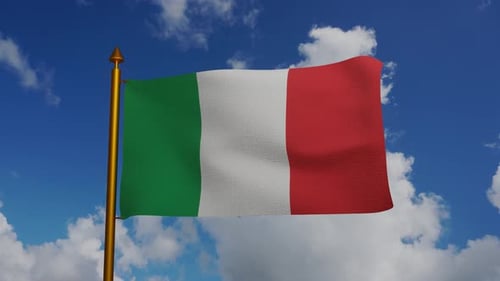 Italian National Flag Waving in Blue Sky 3D Animation