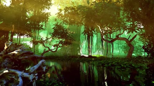 Lush Tropical Jungle with Sunlight and River