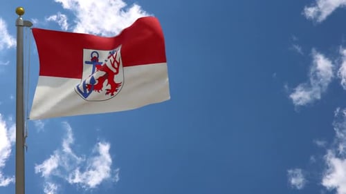 Waving Flag With Red And White Stripes, Lion, And Anchor Crest