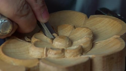 Wood Carver Carving Flower Design Close Up