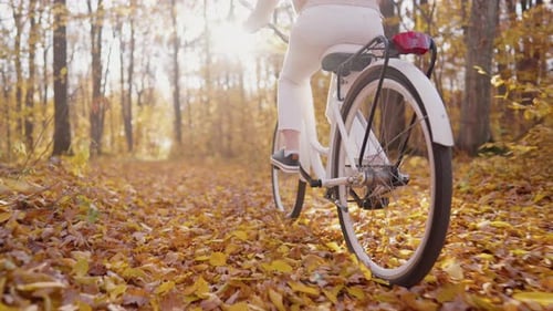 Closeup Legs of Woman in White Pants Cycling Alone in Autumn Park