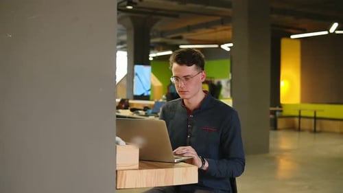 Young Adult Working on Laptop in Modern Office