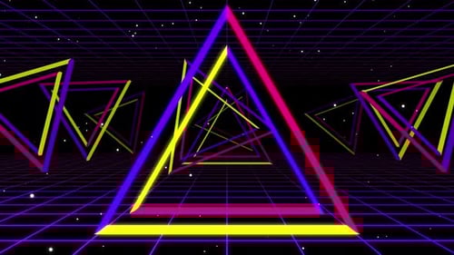 Retro Neon Triangles Flying Through Grid Tunnel Loop
