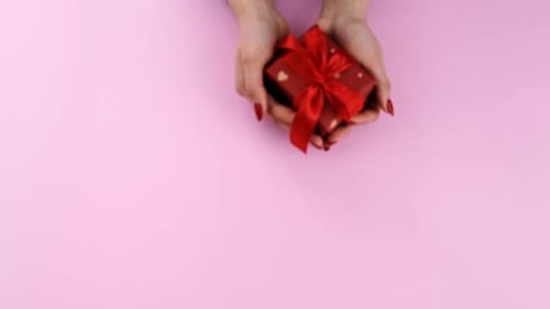 Woman's Hands Holding Red Wrapped Gift Box