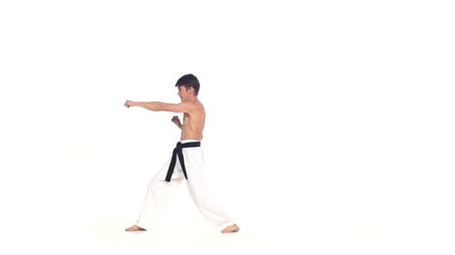 Man trainiert Taekwondo oder Karate isoliert auf Weiß