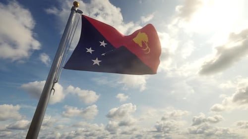 Papua New Guinea Flag Waving in Sunlight on Cloudy Sky